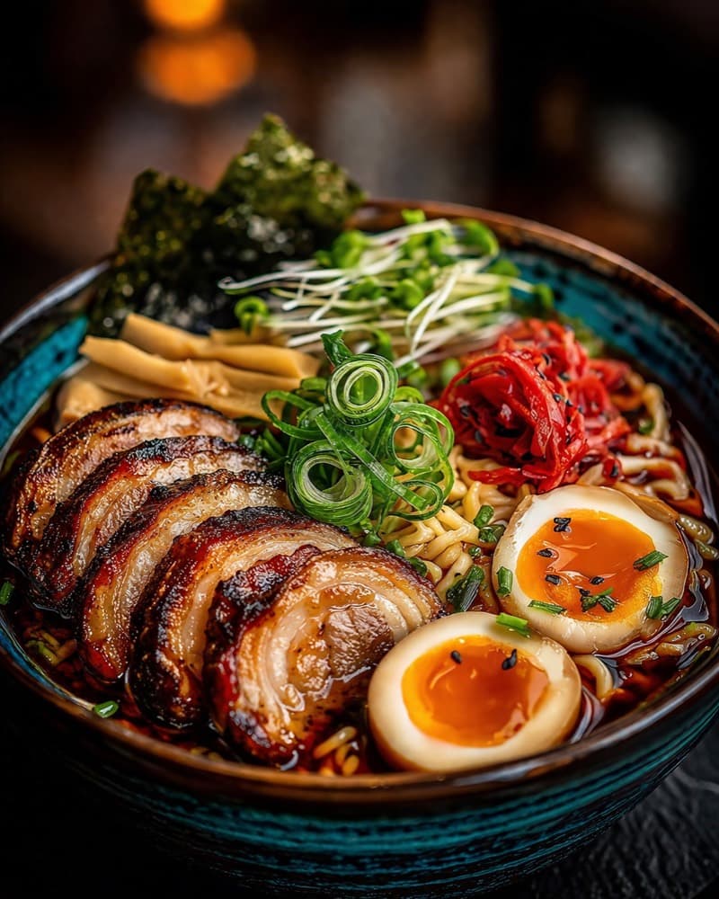 Tonkotsu-ramen med chashu och mjukkokt ägg