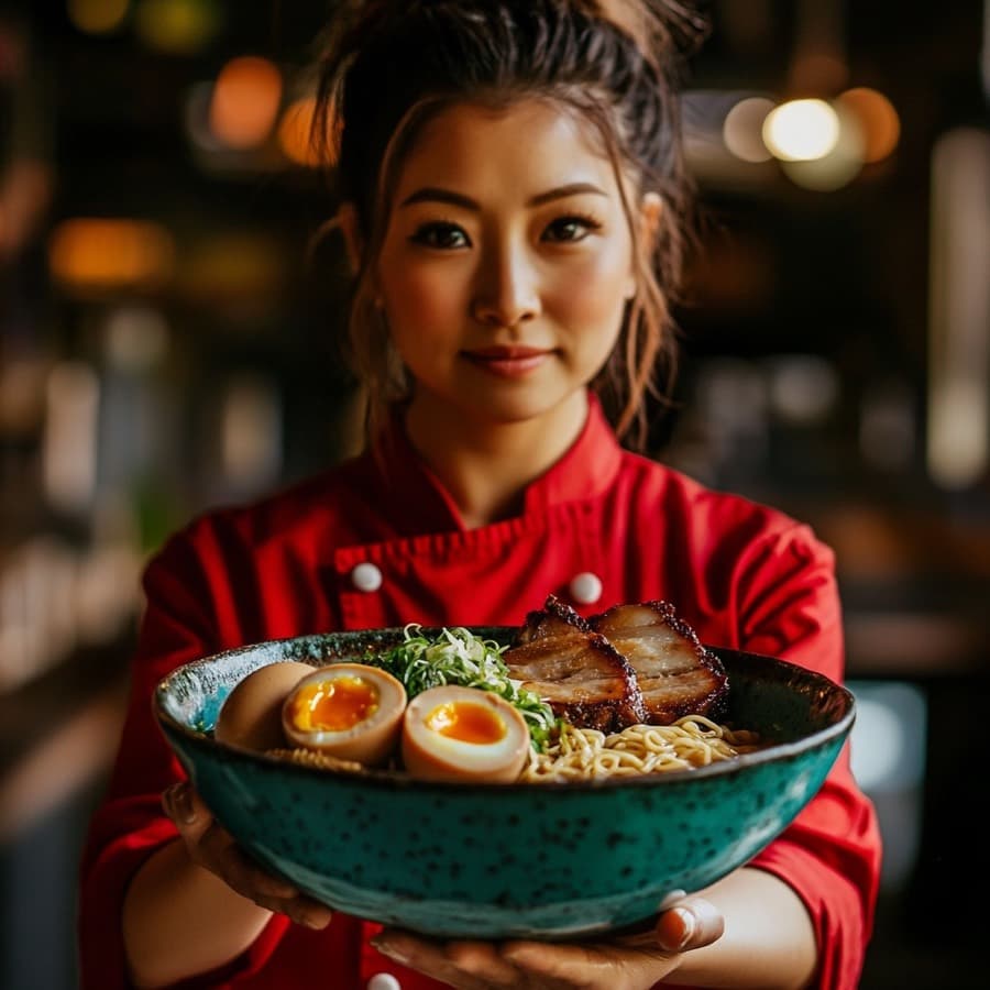 Skål tonkotsu-ramen med chashu, ägg och vårlök