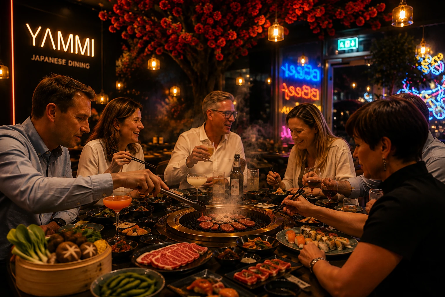 Gäster samlade runt japansk bordsgrill på Yammi