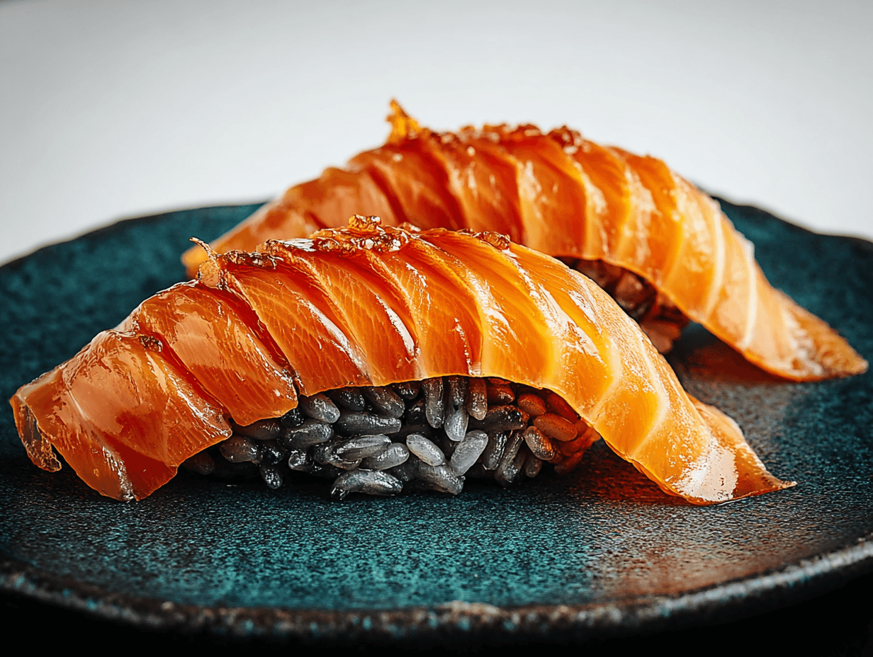 Laxnigiri på ett turkost fat
