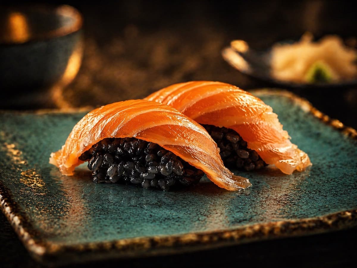 Nigiri-sushi på mörkt stenfat