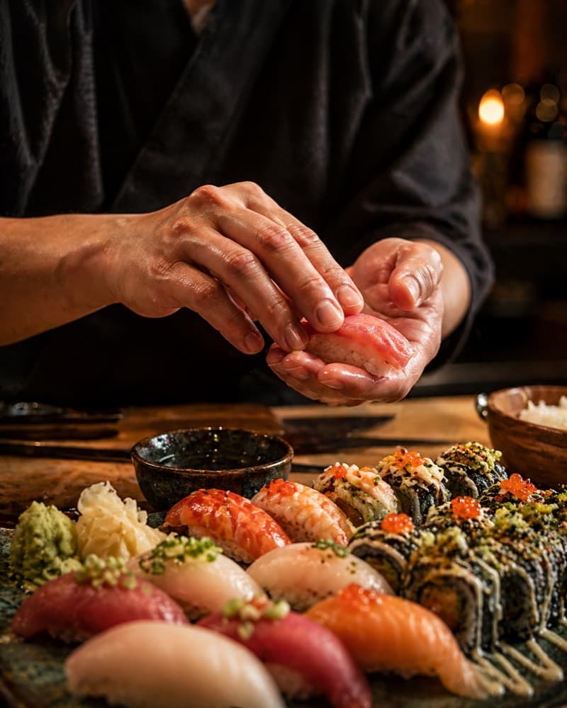 Chef preparing sushi at Yammi Stattena in Helsingborg