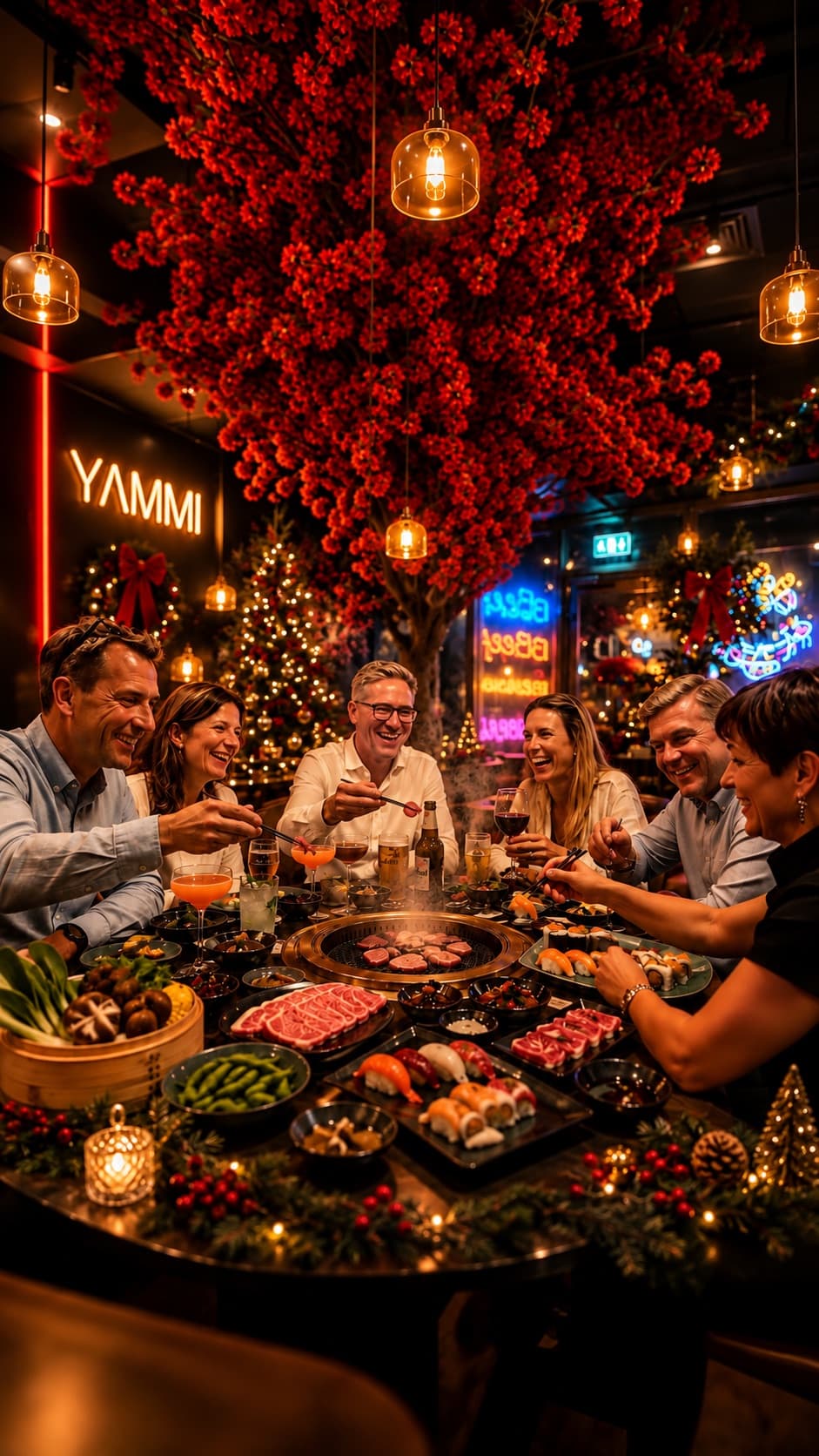Gäster delar en festlig middag runt Yammis bordsgrill