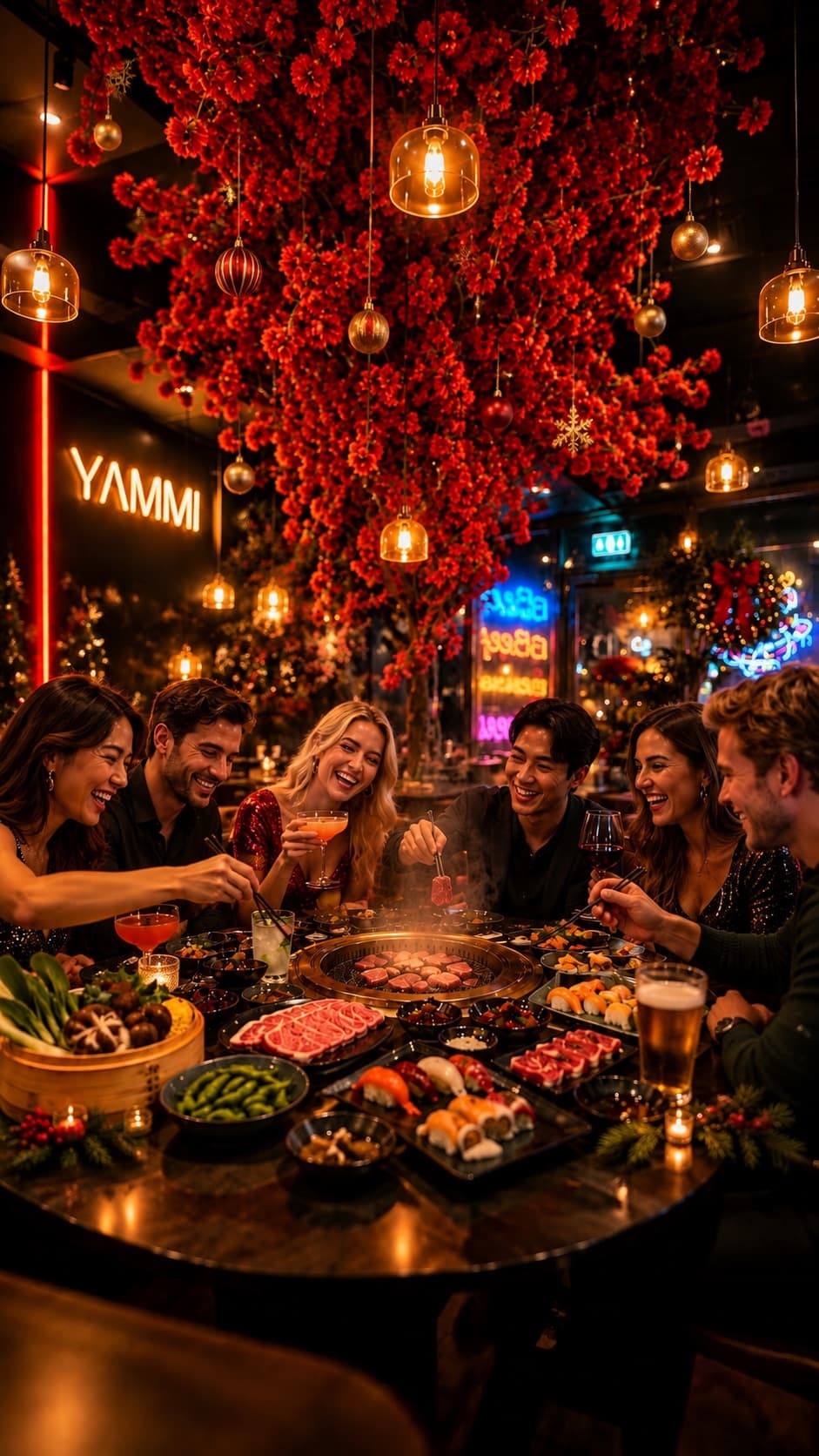 Vänner firar tillsammans med japansk grill och sushi på Yammi